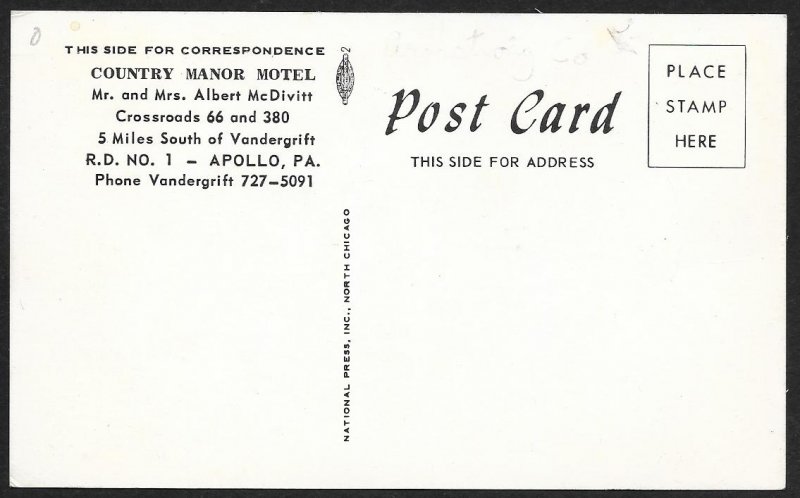 Country Manor Motel Apollo Pennsylvania Unused c1950s