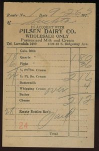 1925 CHICAGO IL PILSEN DAIRY CO. RIDGEWAY AVE WHOLESALE ONLY INVOICE 35-21