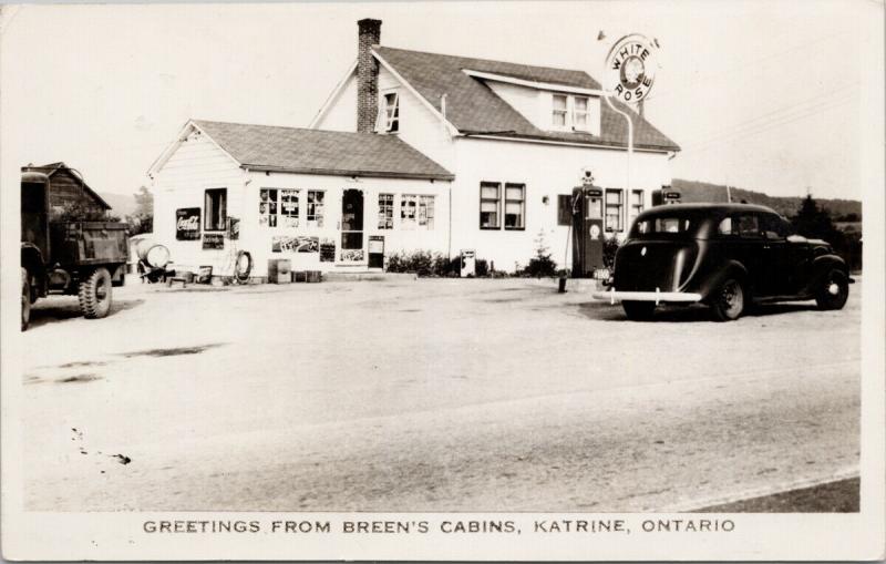 Breen's Cabins Katrine Ontario White Rose Gas Pumps 7up Coke RPPC Postcard E62