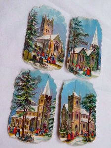 Lot of 4 Embossed Die-Cut Christmas Victorian Trade Cards Churches Snow F44