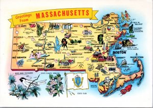 Postcard Map Massachusetts - Greetings From - cities with state bird flower flag