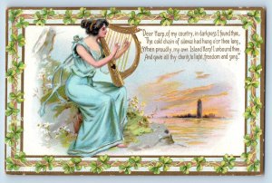 St. Patrick's Day Postcard Pretty Woman With Harp Shamrocks Embossed Tuck c1910s