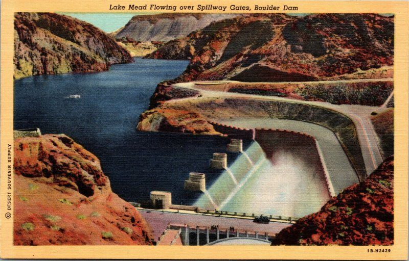 Vtg 1940s Lake Mead Flowing Over Spillway Gates Boulder Dam Nevada NV Postcard