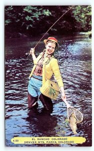 EVERGREEN, CO ~ EL RANCHO COLORADO ~ Pretty Woman FISHING w/CREEL 1950s Postcard