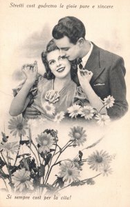 Vintage Postcard Lovers Couple Beautiful Faces Sunflowers Sweet Romance