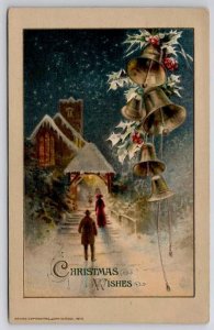 John Winsch Christmas Wishes Snowy Night Church Bells Holly Postcard C39