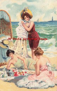 Beach Bathing Beauty, Three Women Having a Picnic on the Beach, Curt Teich