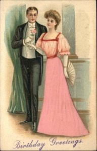 ROMANCE Handsome Man and Beautiful Girl REAL FABRIC CLOTHING c1910 PC