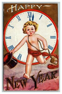 Vintage 1908 Winsch Back New Year's Postcard Baby with Top Hat Clock Midnight