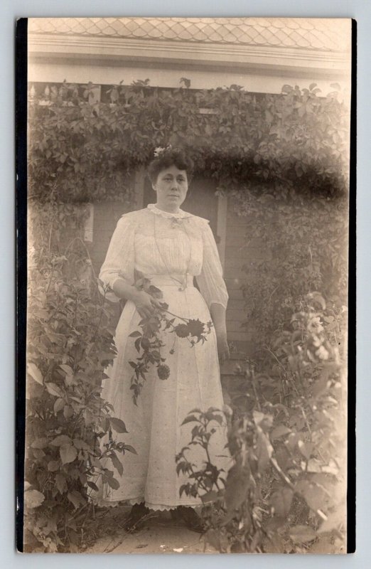 RPPC  Pretty Lady Picking Flowers in Garden    Postcard