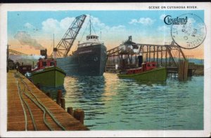 Ohio CLEVELAND Cuyahoga River dock ship tug boat bridge - pm1926 - White Border