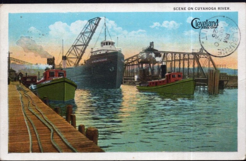 Ohio CLEVELAND Cuyahoga River dock ship tug boat bridge - pm1926 - White Border