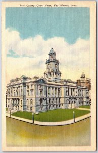 Des Moines Iowa IA, Polk County Court House Building, Corner Street, Postcard