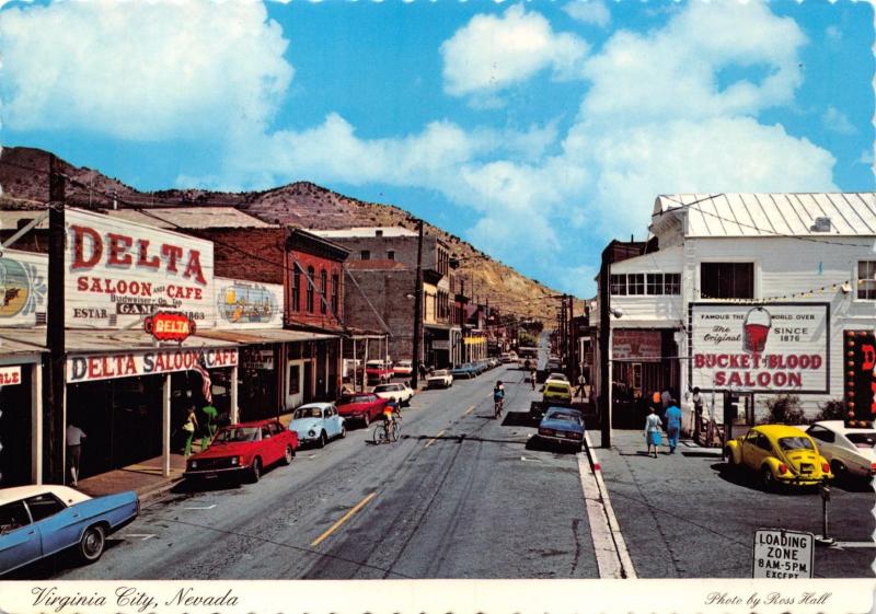 VIRGINIA CITY NEVADA~MAIN STREET VIEW~DELTA SALOON~BUCKET OF BLOOD POSTCARD