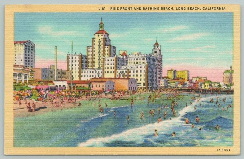 Long Beach California~Pike Front Bathing Beach~1940s Linen Postcard