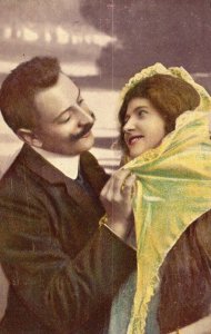 Vintage Postcard 1910's Man & Woman Wearing Yellow Scarf in Love