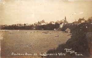 H97/ Ladysmith Wisconsin RPPC Postcard c1910 Flambeau River Boats Church 136
