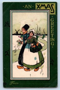 Christmas Postcard Greetings  Dutch Couple Smoking Cigarette Winter Windmill