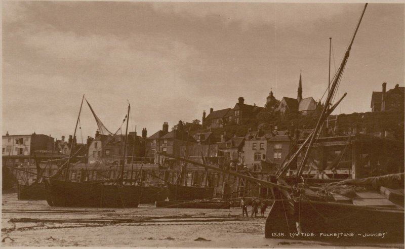 Vintage Postcard Real Photo Low Tide Folkestone Judges Boats & Ships Port RPPC 