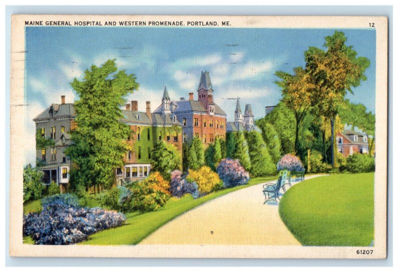 1937 Maine General Hospital and Western Promenade Portland ME Vintage Postcard