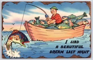 Young Boy Catches A Lot Of Fish Ocean Fishing Comic Postcard