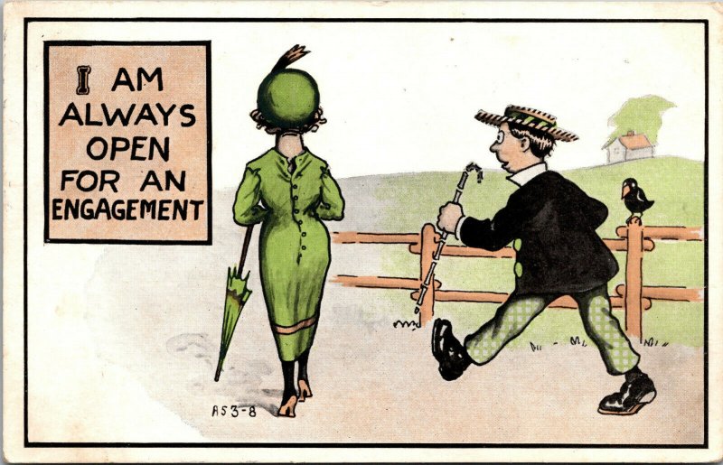 Vtg 1910's I Am Always Open For An Engagement Man Woman Comic Postcard