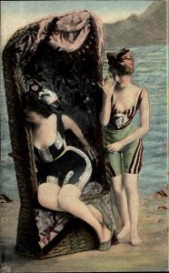 Bathing Beauty Vintage Swimsuits Beach Chair Lesbian c1910 Postcard