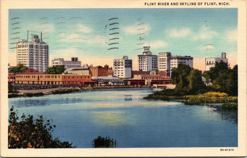 Flint River Skyline Michigan MI Vintage Postcard Linen PM Clean Cancel WOB Note 