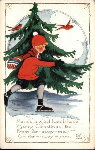 Whitney Christmas Little Boy Ice Skating with Cardinals Vintage Postcard