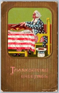 Thanksgiving Day Greetings 1909 Postcard UNCLE SAM Eating Turkey
