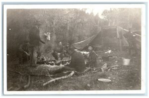 c1918 Army Collapsible Cots Tent Camping Camp Fire View  RPPC Photo Postcard