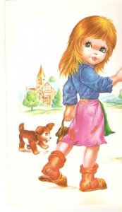 Girl walking with her pet Lovely modern spanish, artist drawn, postcard