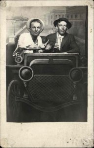 Sioux City Iowa IA Men in Prop Car Studio Portrait Vintage Real Photo Postcard