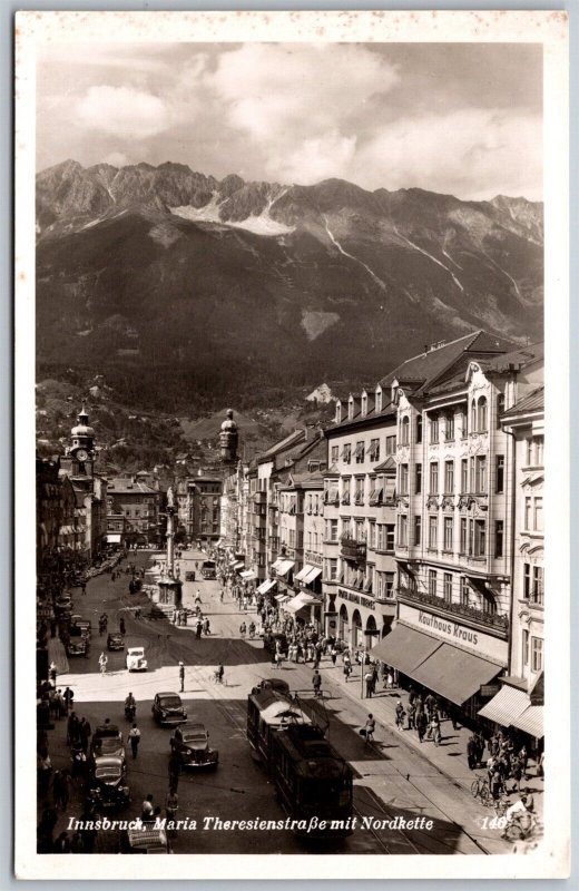 Vtg Austria Innsbruck, Maria theresien straße mit Nordkette RPPC Postcard