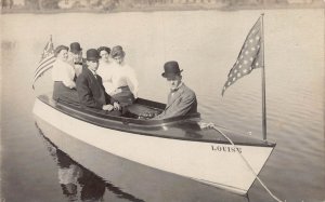 PC1/ Burlington Wisconsin RPPC Postcard c1910 Lake Louise Boat Flags  487