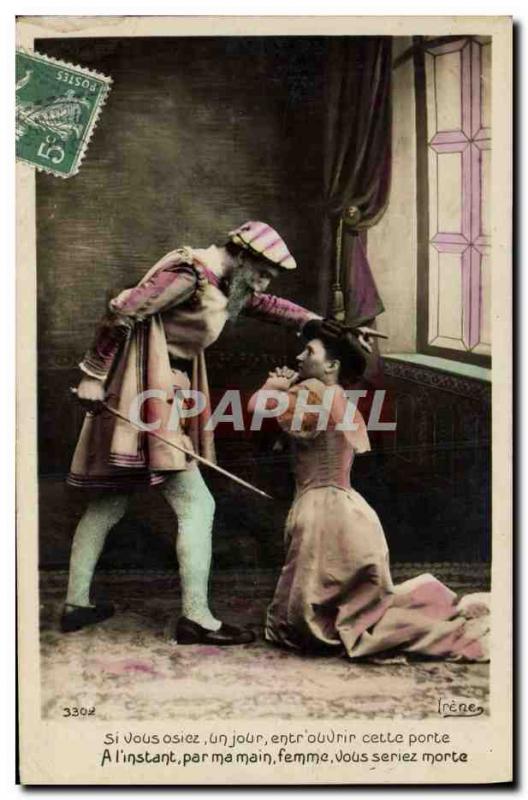 Postcard Old Man Woman Fencing