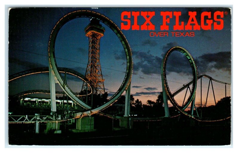 SIX FLAGS OVER TEXAS ~ Amusement Park ROLLER COASTERS Night 1982 Postcard