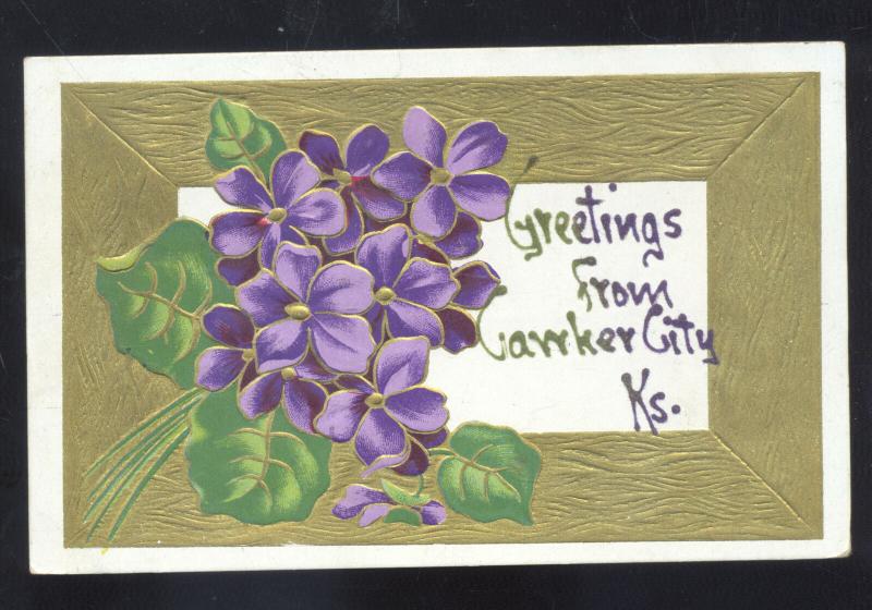 GREETINGS FROM CAWKER CITY KANSAS PURPLE FLOWERS VINTAGE POSTCARD