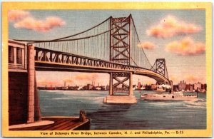 VINTAGE POSTCARD VIEW OF DELAWARE RIVER BRIDGE BETWEEN CAMDEN N.J. AND PHILA