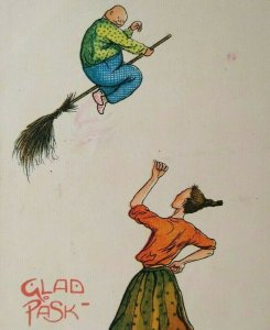 Halloween Easter Witch Postcard Fantasy Glad Pask Man Steals Lady's Broom Sweden