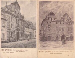 Czechia old Pilsen Plzeň unit of 2 vintage artist postcards Czech Republic