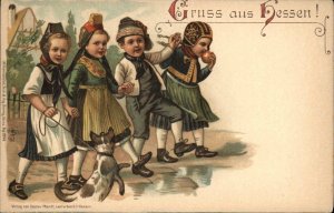 Gruss aus Hessen Chlidren Playing German Clothing Pre-1910 Vintage Postcard