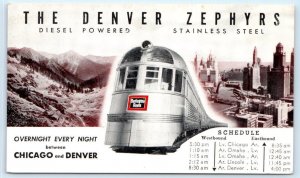 DENVER ZEPHYRS ~ c1930s STREAMLINE RAILROAD TRAINS w/Timetable Postcard