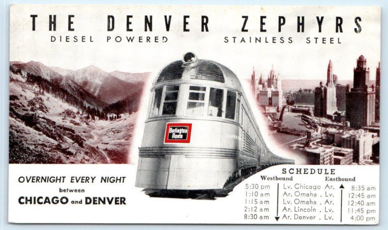 DENVER ZEPHYRS ~ c1930s STREAMLINE RAILROAD TRAINS w/Timetable Postcard