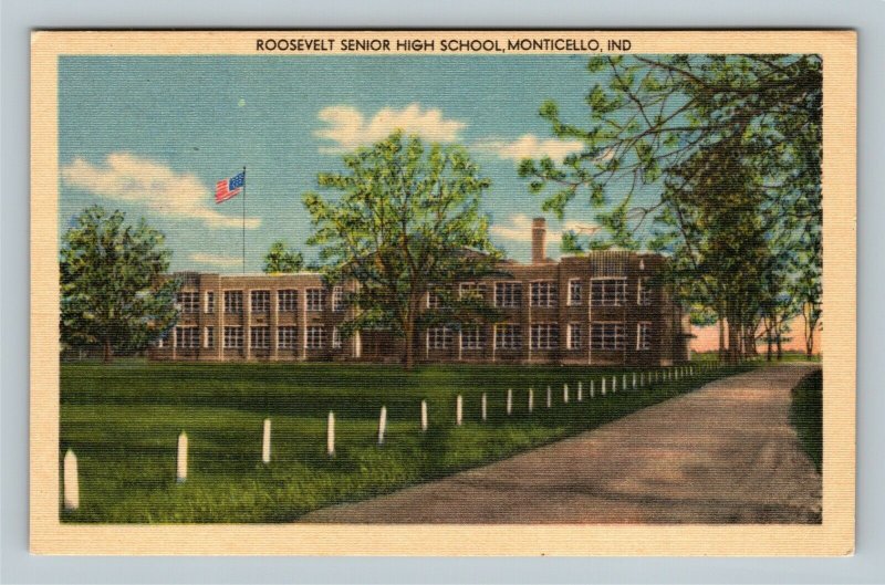 Monticello IN, Roosevelt Senior High School Building, Linen Indiana Postcard