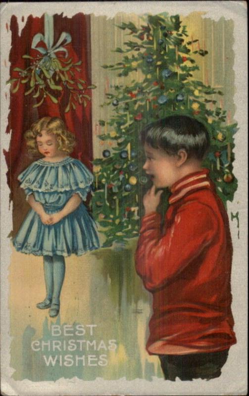 Christmas - Boy & Girl - Xmas Tree c1910 Postcard