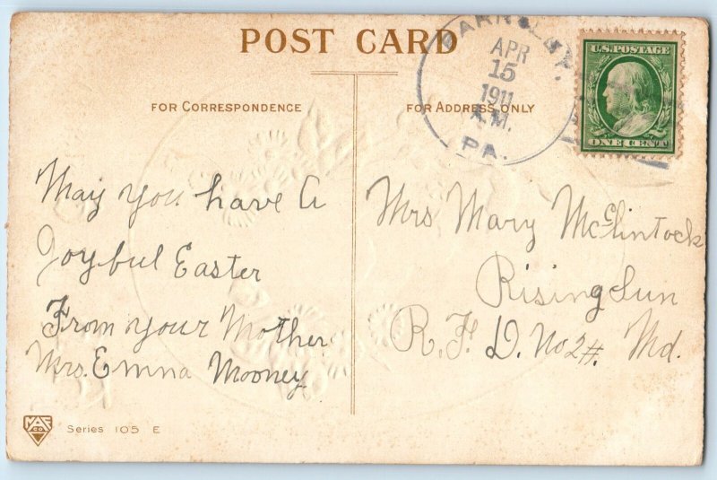 1911 Easter Hatched Egg Little Chick Flowers Embossed Rising Sun MD Postcard