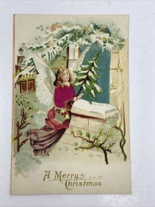 Christmas Angel Postcard Made in Austria Embossed Merry Antique