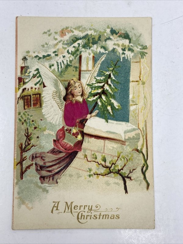 Christmas Angel Postcard Made in Austria Embossed Merry Antique