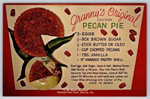 Granny's Original Southern Pecan Pie Recipe, Florida, Vintage Chrome Postcard